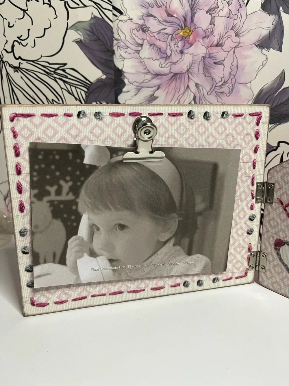 Baby girl Newborn Photo Frame Primitives by Kathy Hinged wood Stitch Art Gift